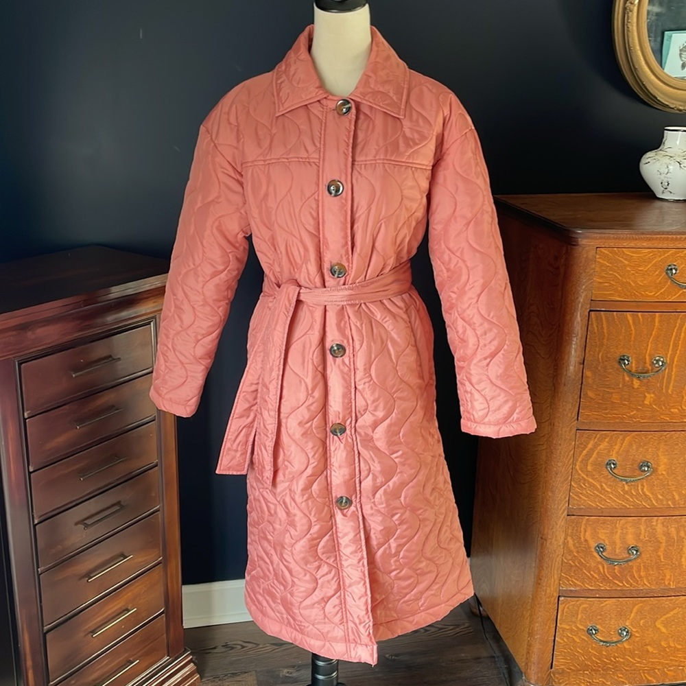 Who What Wear Pink Quilted Long Collared & Belted Puffer Coat Size Small